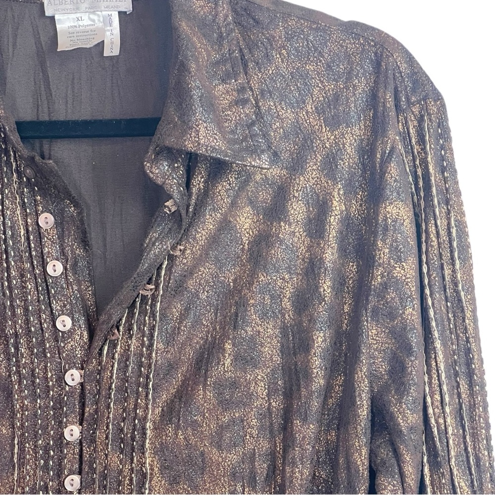 Alberto Makali Metallic Leopard Print Button-Up Blouse XL Long Sleeve Tunic Top - Picture 2 of 10